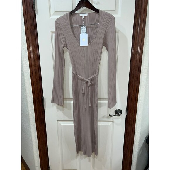WAYF XL Ribbed Knit Midi Dress Nude Long Sleeve Scoop Neck Belted Nordstrom - Picture 10 of 11